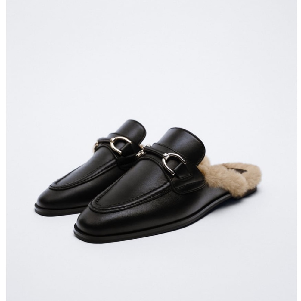 Zara Leather Open Back Flat Lined Loafers like GUCCI